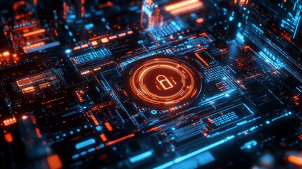 Cybersecurity action digital lock icon virtual space graphic design futuristic environment close-up view secure technology concept