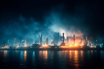 Naklejka premium A bustling industrial site is lit up at night with bright flames and glowing structures. Dark smoke billows into the sky, reflecting on the water's surface