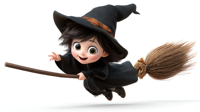A little girl is flying on a broomstick