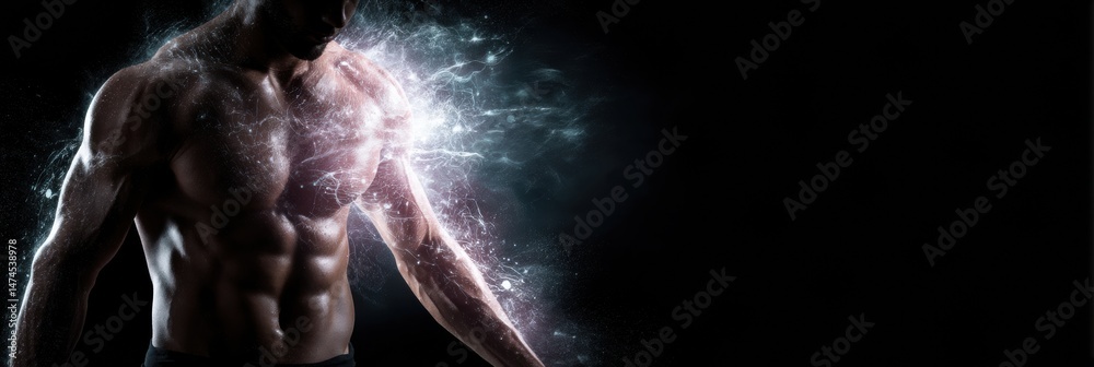 Poster dynamic athlete showcasing energy burst around torso during high-intensity training session in a dar