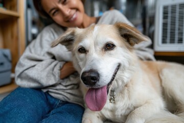 A delightful portrait of a smiling young woman with her dog, showcasing the bond of friendship and happiness that comes from pet ownership in a vibrant, cheerful environment.