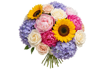 Beautiful mixed flower bouquet with sunflower, rose, peony, hydrangea, solidago isolated on white background. Colorful floral arrangement studio shot, garden blooms.