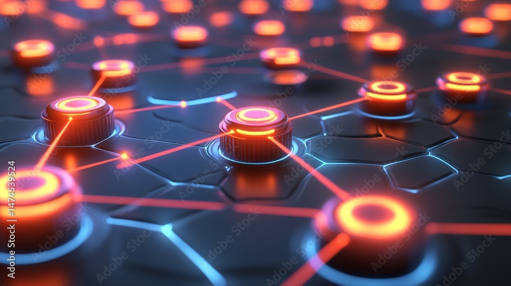 Poster dynamic network nodes digital realm 3d visualization futuristic environment close-up view technology