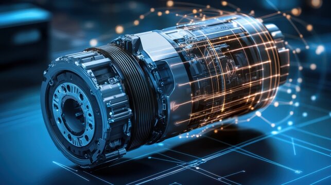 Dynamic composition of brushless motor and gently arcing wires illuminated against blue