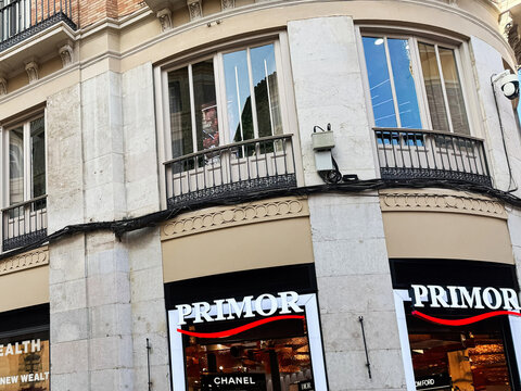 Street view of Primor and cosmetic stores in Malaga, Spain city center