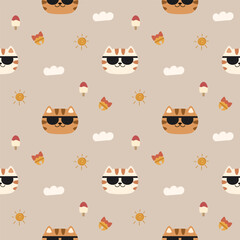 Face cat and sunglasses cartoon so cute. On sun cloud bow bell ice cream background. Pattern seamless vector illustration. 