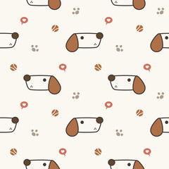 Face dog cartoon so cute. On ball footprints heart background. Pattern seamless vector illustration. 