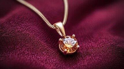 Gold necklace with gemstone pendant displayed on a deep burgundy background with soft shadows