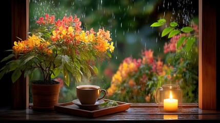 Cozy rainy day view with potted flowers, coffee cup, and candle by the window