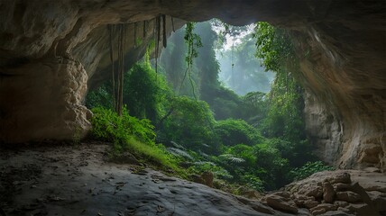 Obraz premium Inside a Lush Cave Overlooking a Vibrant Green Jungle Landscape with Abundant Vegetation
