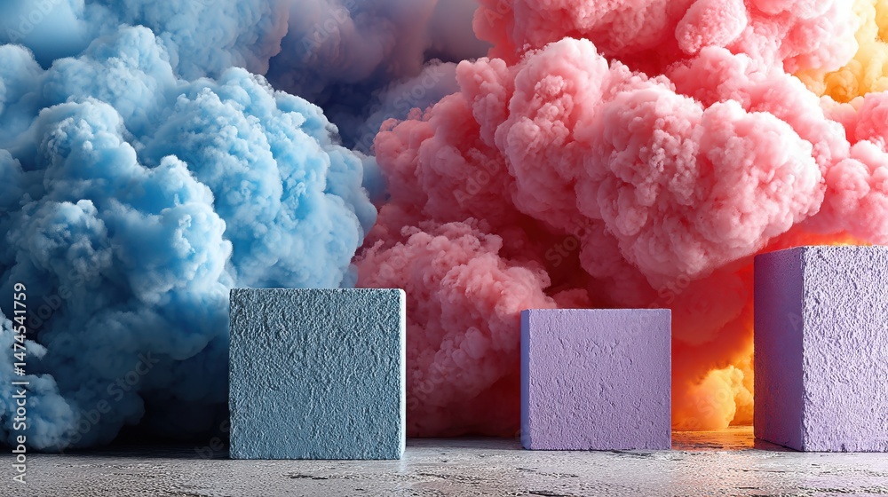 Aufkleber blue and pink smoke clouds with podiums for product showcase 3d rendering illustration.stock image