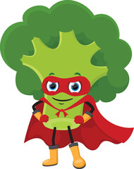 Funny Broccoli cartoon superhero character, isolated on white backgrounds