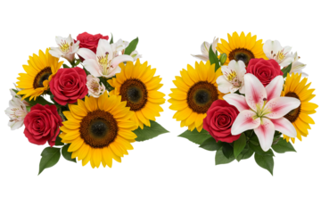 Two beautiful summer bouquets with sunflower, lily, rose isolated on white background. Comparison of vibrant floral arrangements studio shot, garden gift concept.