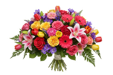 Large vibrant mixed flower bouquet with rose, lily, tulip, carnation, gerbera in colorful tones isolated on white background. Festive floral arrangement studio shot.