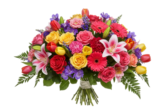 Large vibrant mixed flower bouquet with rose, lily, tulip, carnation, gerbera in colorful tones isolated on white background. Festive floral arrangement studio shot.