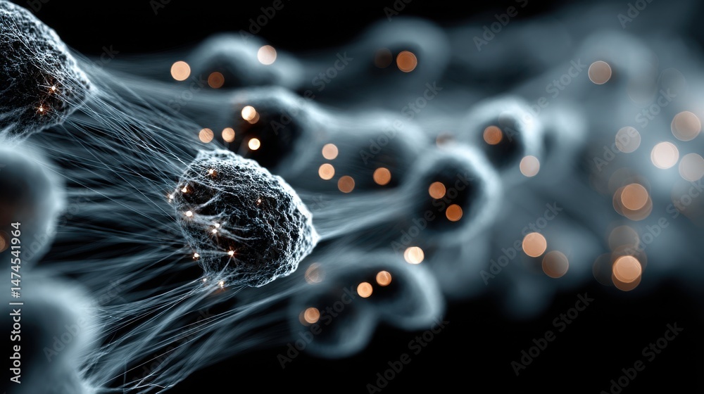 Poster blue chaotic network structure with bokeh lights,stock photo