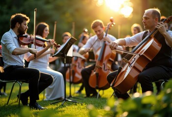 String quartet performing outdoors during sunset in a lush green park setting