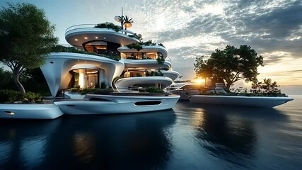 Futuristic waterfront residence with unique architecture, sunset reflections, and luxury yachts