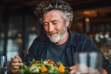 Man is eating a salad at a restaurant. He is smiling and he is enjoying his meal