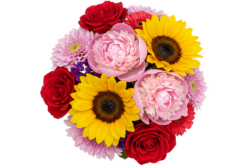 Colorful summer flower bouquet with sunflower, rose, peony, dahlia in pink and yellow tones isolated on white background. Vibrant floral arrangement studio shot gift.