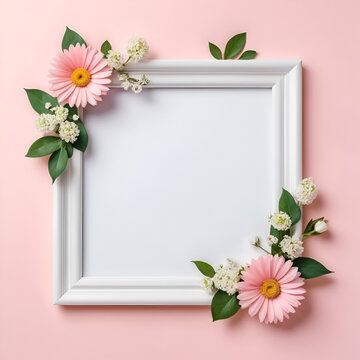 frame with flowers. empty mockup abstract festive background with flowers and a hearten shape frame happy Mother day. wedding day invitation empty text copy space.