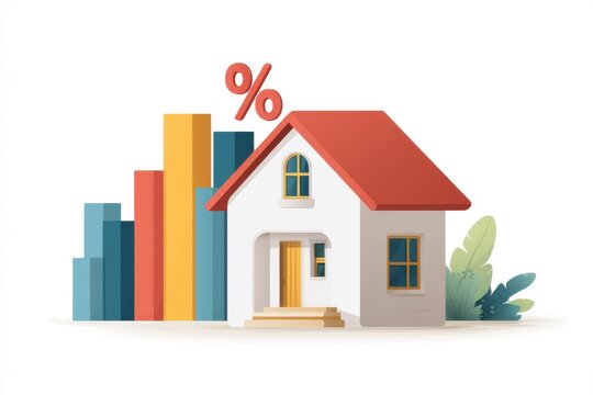 House featuring a percentage sign on the roof representing high mortgage rates and financial challenges in housing