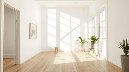 Obraz premium Bright and airy interior space with wooden floors and natural lighting