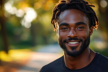 Man doing light workout in park, sunny day, smiling naturally, wellness lifestyle, relatable energy