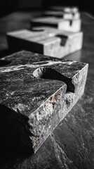 Stone puzzle pieces with interlocking notches on a dark surface, shallow depth of field
