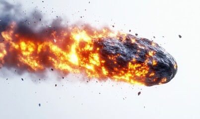 Fiery meteoroid hurtling through space, leaving a trail of burning debris
