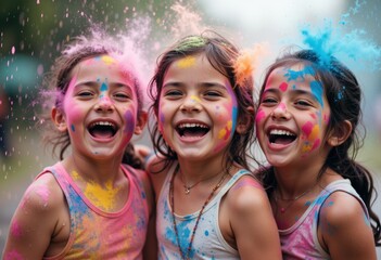 Fototapeta premium Three joyful girls laughing together, covered in colorful powder paint