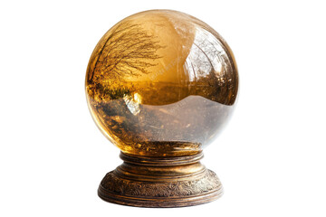 Amber glass sphere on stand, reflecting a winter landscape
