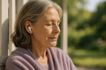 Relaxed elderly woman with closed eyes listening to music using wireless earphones, enjoying her retirement in a peaceful outdoor setting