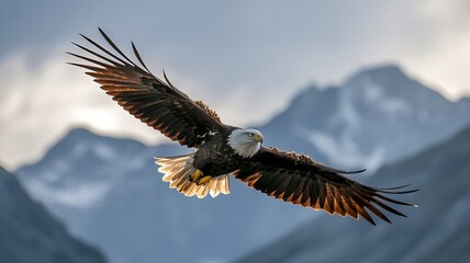 Obraz premium Majestic Bald Eagle Soaring with Wings Spread Against a Mountainous Backdrop