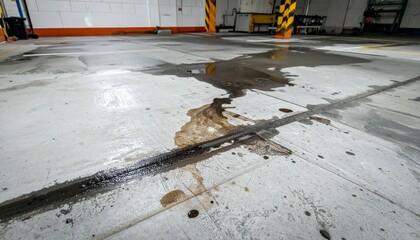 Water and Oil Spill on Concrete Floor in Industrial Space