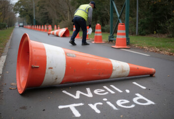 A construction worker adjusts traffic cones on a road with a humorous message