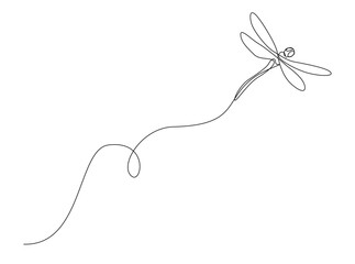 Flying dragonfly single outline illustration. Continuous line art drawing of dragonfly. Editable stroke.