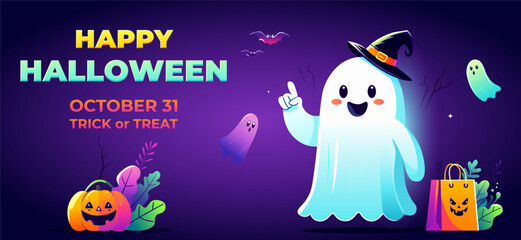 Spooky Halloween festive banner. Happy Halloween flyer, poster, invitations, greeting cards, with cutest ghost, pumpkin, bats on purple background. Website spooky vector illustration horror backdrop