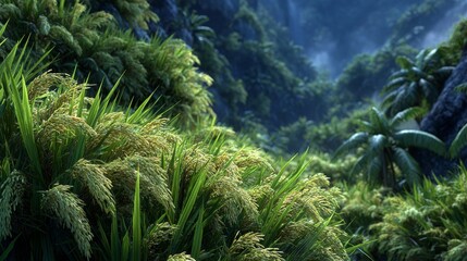 Rice Paddy in Lush Tropical Mountain Valley