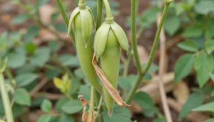 the young pods elongate, thin and soft with a slight curve. they hang from the stem where flowers once bloomed