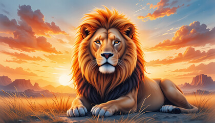 Majestic Lion Resting at Sunset in the African Savannah