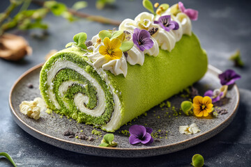 A vibrant matcha roll cake with a soft sponge texture, swirled with fresh cream and topped with edible flowers.