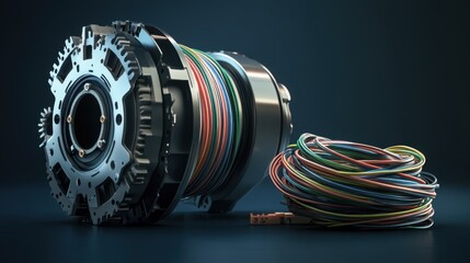 Tidy brushless motor housing with neat multicolored wires coiled beside it on a midnight blue base