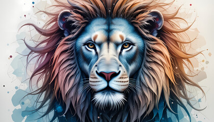 Naklejka premium Majestic Lion Portrait with Artistic Watercolor Style and Bold Colors