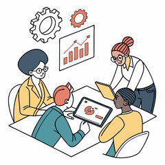 Diverse business team analyzing data and strategic planning in a collaborative meeting environment