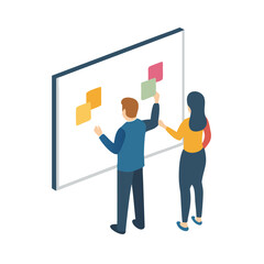 Two individuals interacting with sticky notes on a board illustrating team collaboration and planning