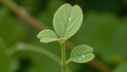 the first cotyledons unfold, flat and oval shaped, pale green in color. the stem supports them upright