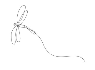 Flying dragonfly single outline illustration. Continuous line art drawing of dragonfly. Editable stroke.