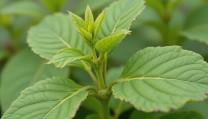 Fototapeta premium new growth appears at the top, with more buds and leaf nodes. the leaves are now broad and lush