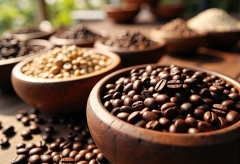 Fototapeta premium Various types of coffee beans displayed in wooden bowls on a rustic table